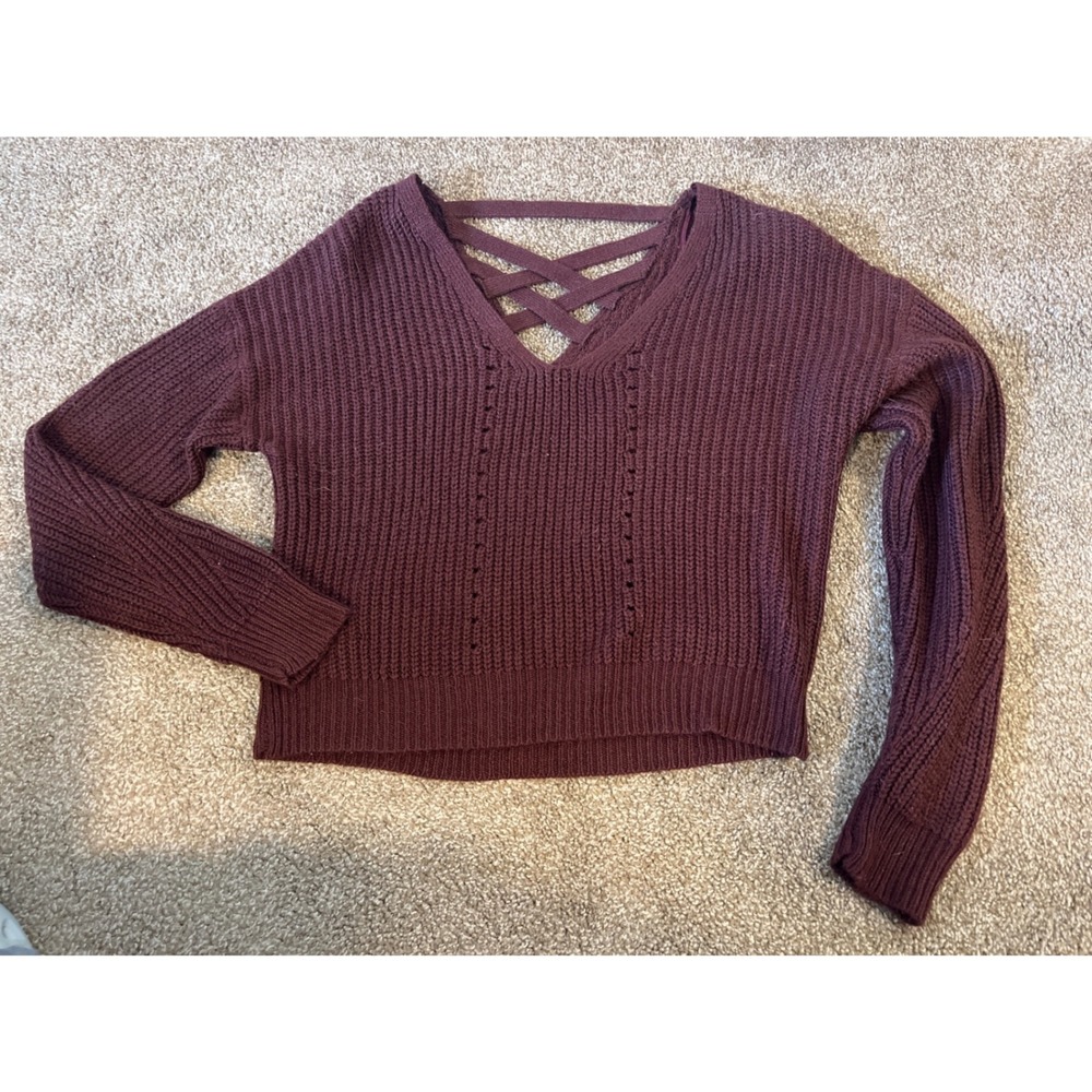 Aeropostale Burgundy Lattice Back V Neck Sweater Women's Size s